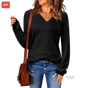 Lightweight Crochet Pullover Sweater V-Neck Long Sleeve Loose Fit